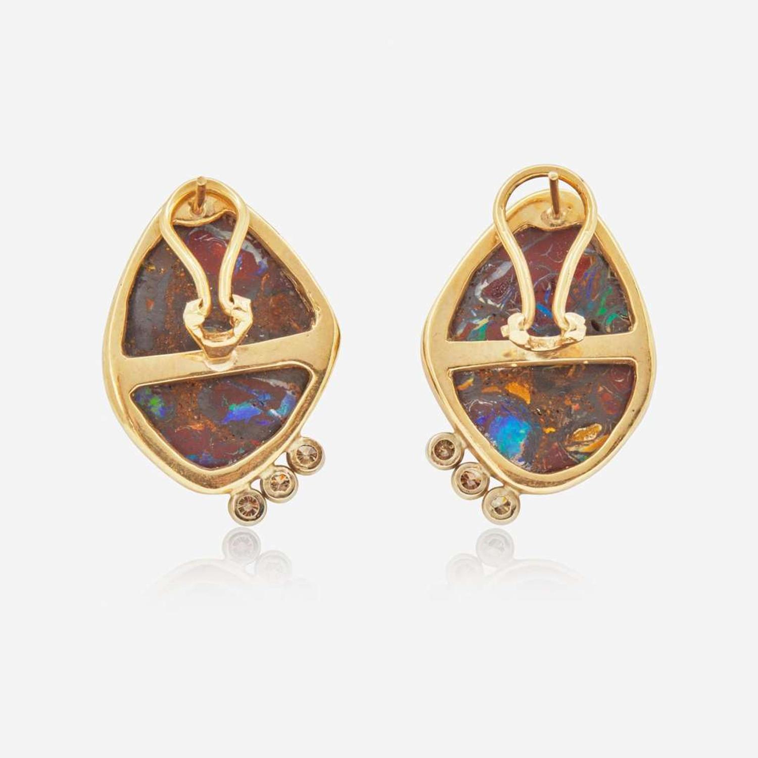 A Pair of 14K Rose Gold, Opal, and Diamond Earrings