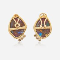 A Pair of 14K Rose Gold, Opal, and Diamond Earrings