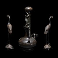 A Bronze Vase and A Pair of Crane-Form Candle Holders
