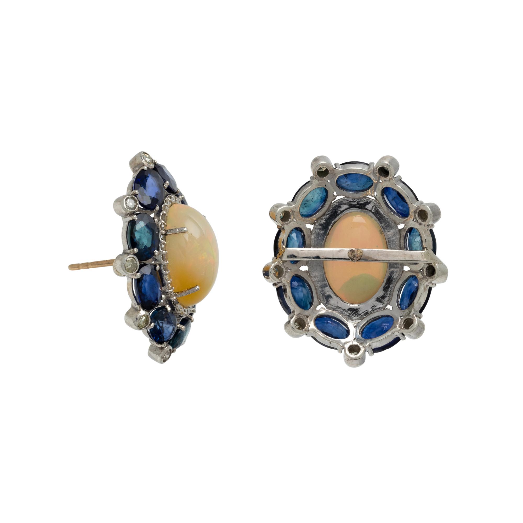 OPAL, SYNTHETIC SAPPHIRE AND DIAMOND EARRINGS
