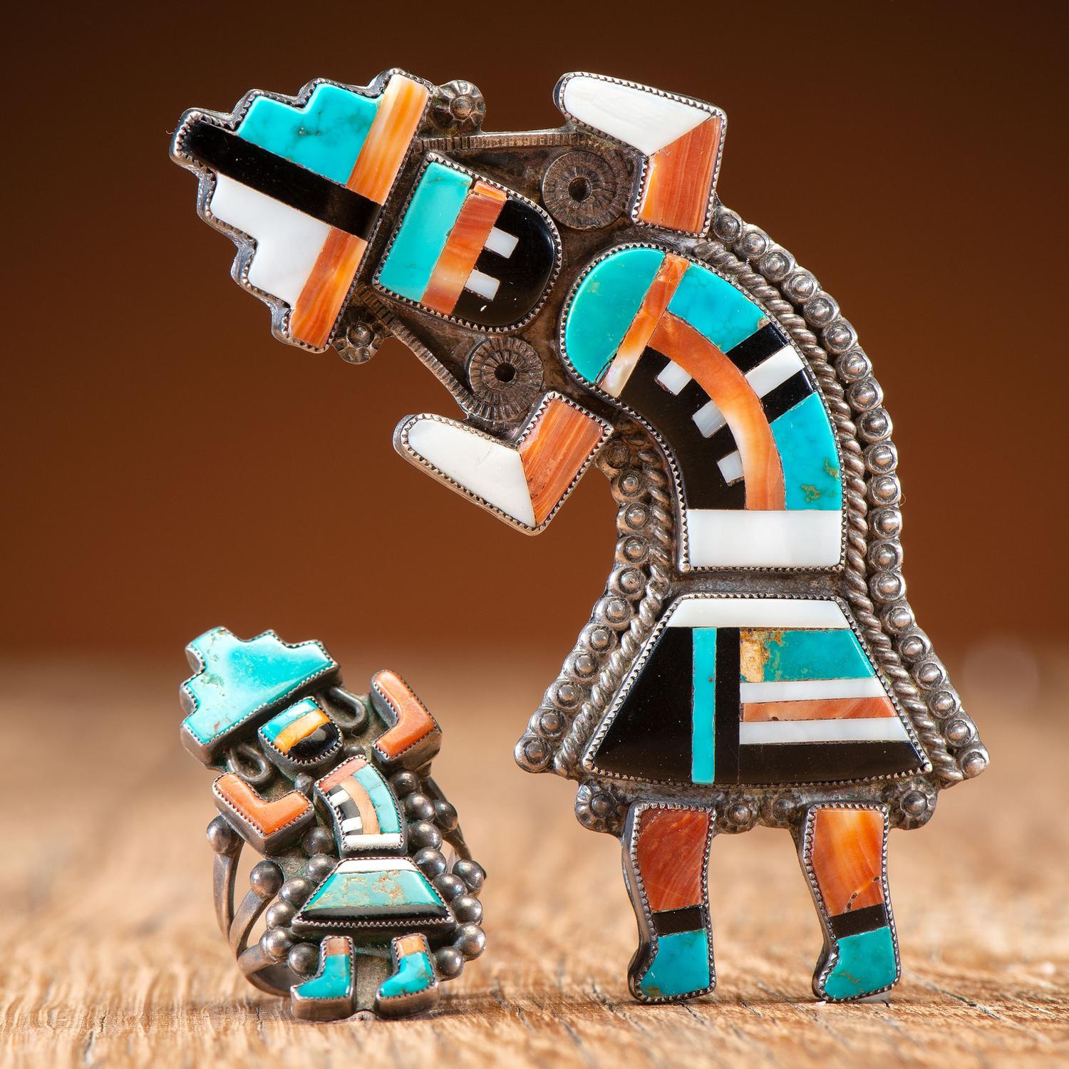 Zuni Silver and Mosaic Inlay Rainbow Man Pin/Brooch AND Ring