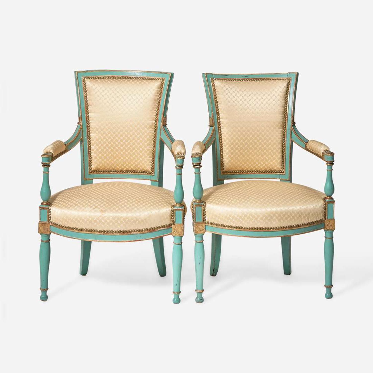 A pair of Directoire painted and parcel-gilt fauteuils circa 1800