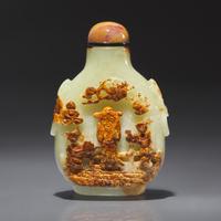A Chinese Carved Jade Snuff Bottle, Qing Dynasty, Circa 1750-1850 — 1750-1850年 黃玉留皮巧雕加官進爵圖鼻煙壺