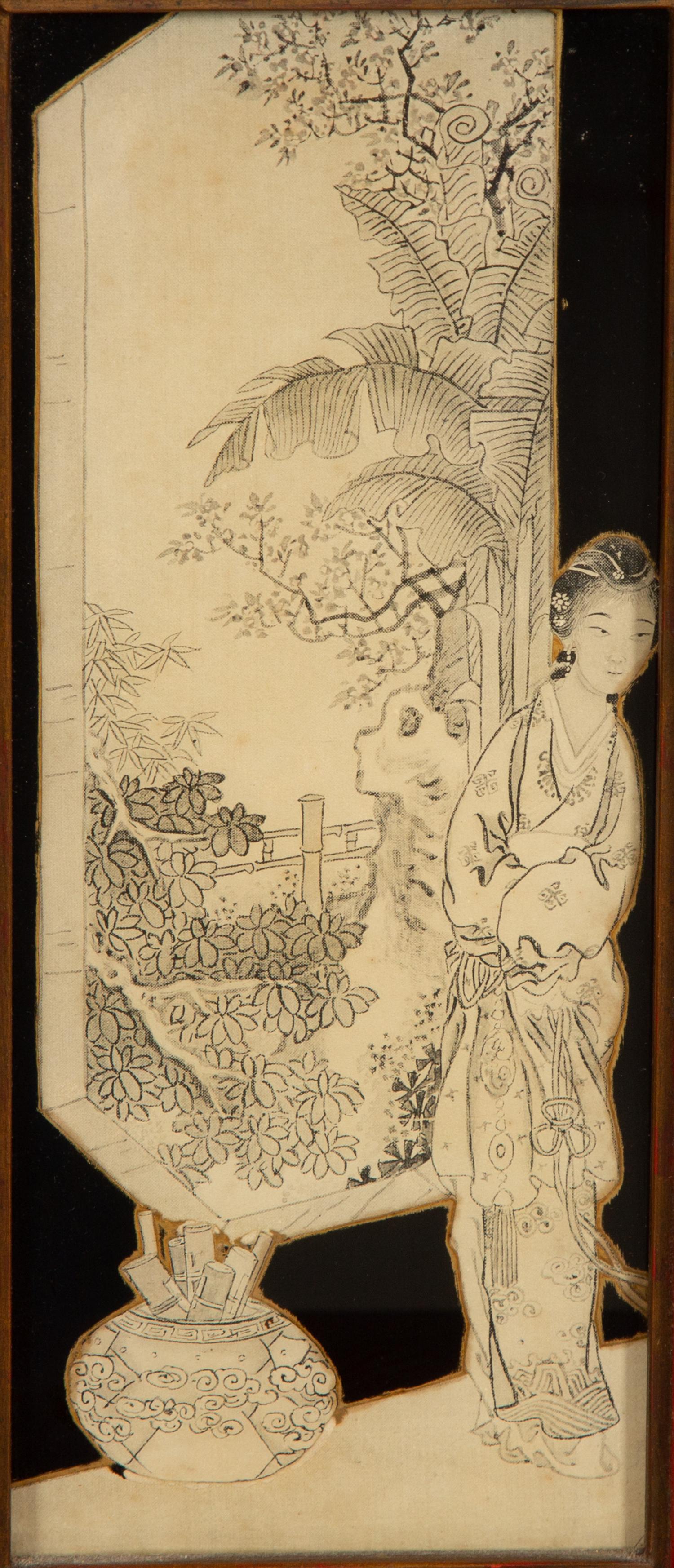 A Pair of Chinese Style Reverse-Decorated Glass and Red-Painted Table Lamps