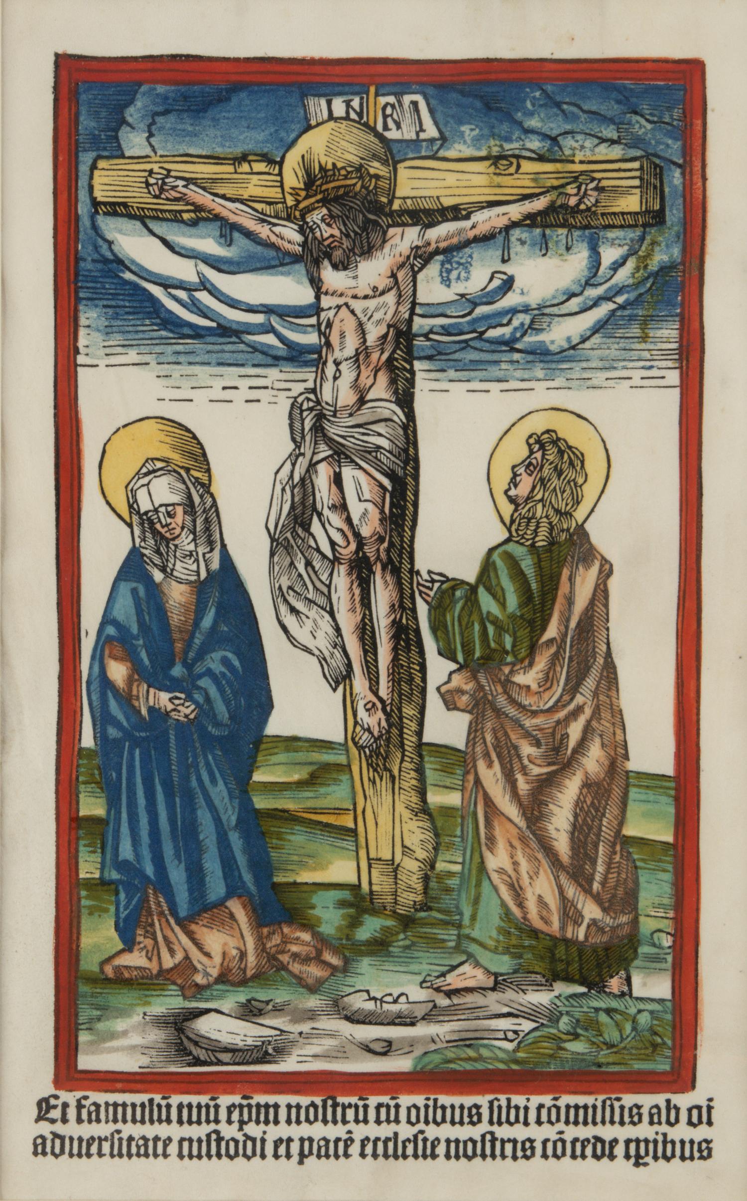 AFTER JORG BREU THE ELDER (Augsburg, c. 1475-1537) Christ on the Cross between the Virgin and St. John , woodcut with hand coloring, printed on parchment (sheet 308 x 182 mm.; image 222 x 139), Germany, Augsburg, 1504