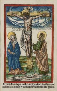 AFTER JORG BREU THE ELDER (Augsburg, c. 1475-1537) Christ on the Cross between the Virgin and St. John , woodcut with hand coloring, printed on parchment (sheet 308 x 182 mm.; image 222 x 139), Germany, Augsburg, 1504