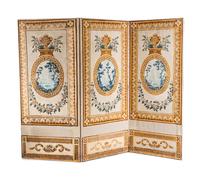 A Louis XVI Style Polychrome Painted Canvas Six-Panel Floor Screen