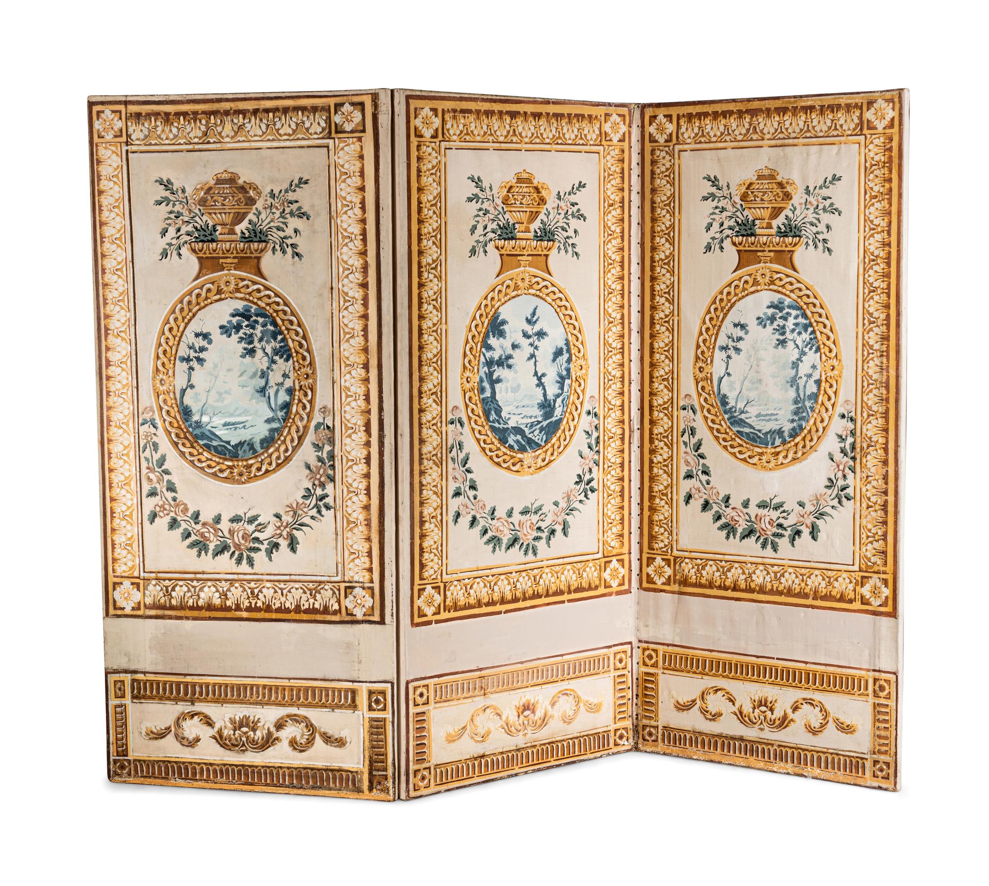 A Louis XVI Style Polychrome Painted Canvas Six-Panel Floor Screen