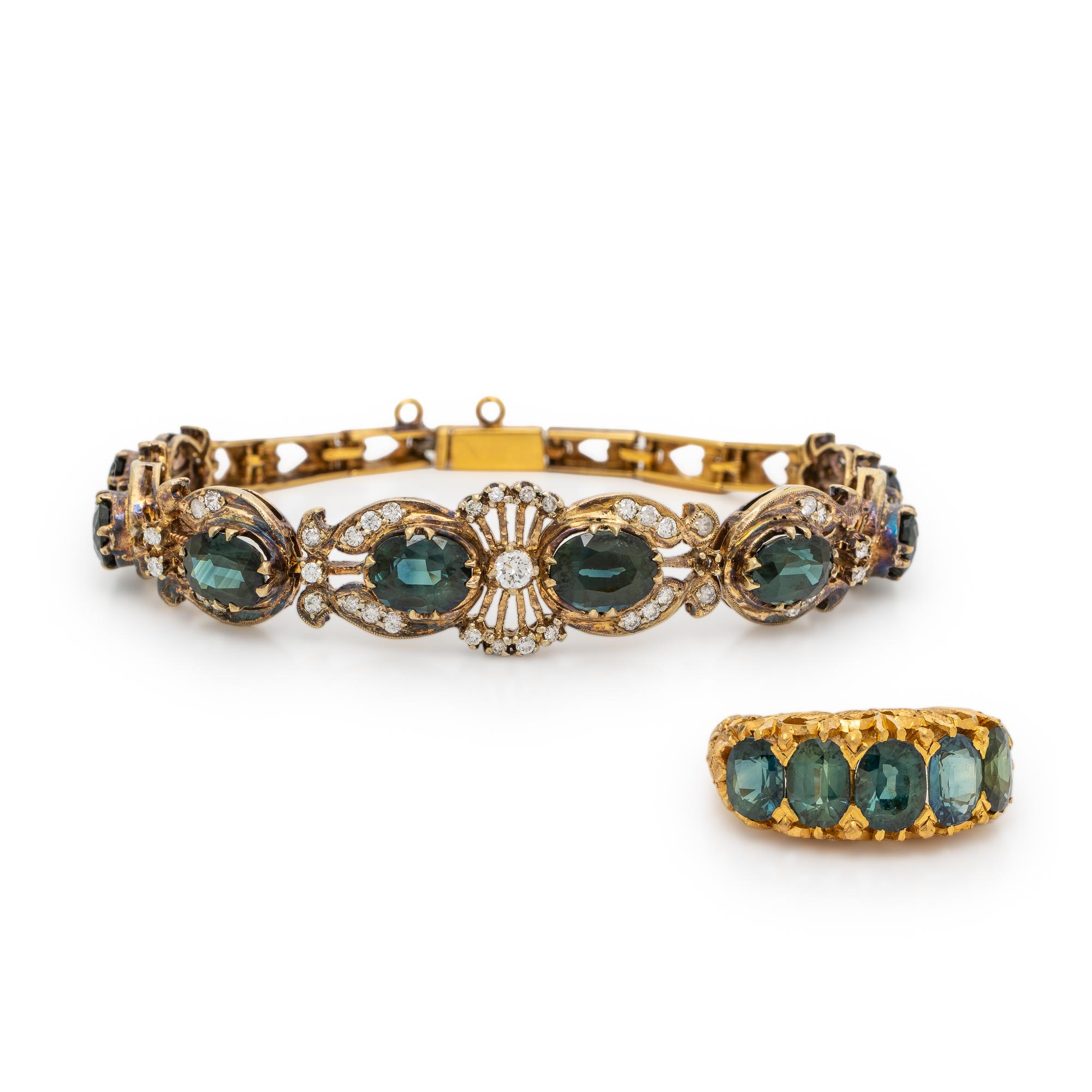 Sapphire, Diamond, and Yellow Gold Ring and Bracelet
