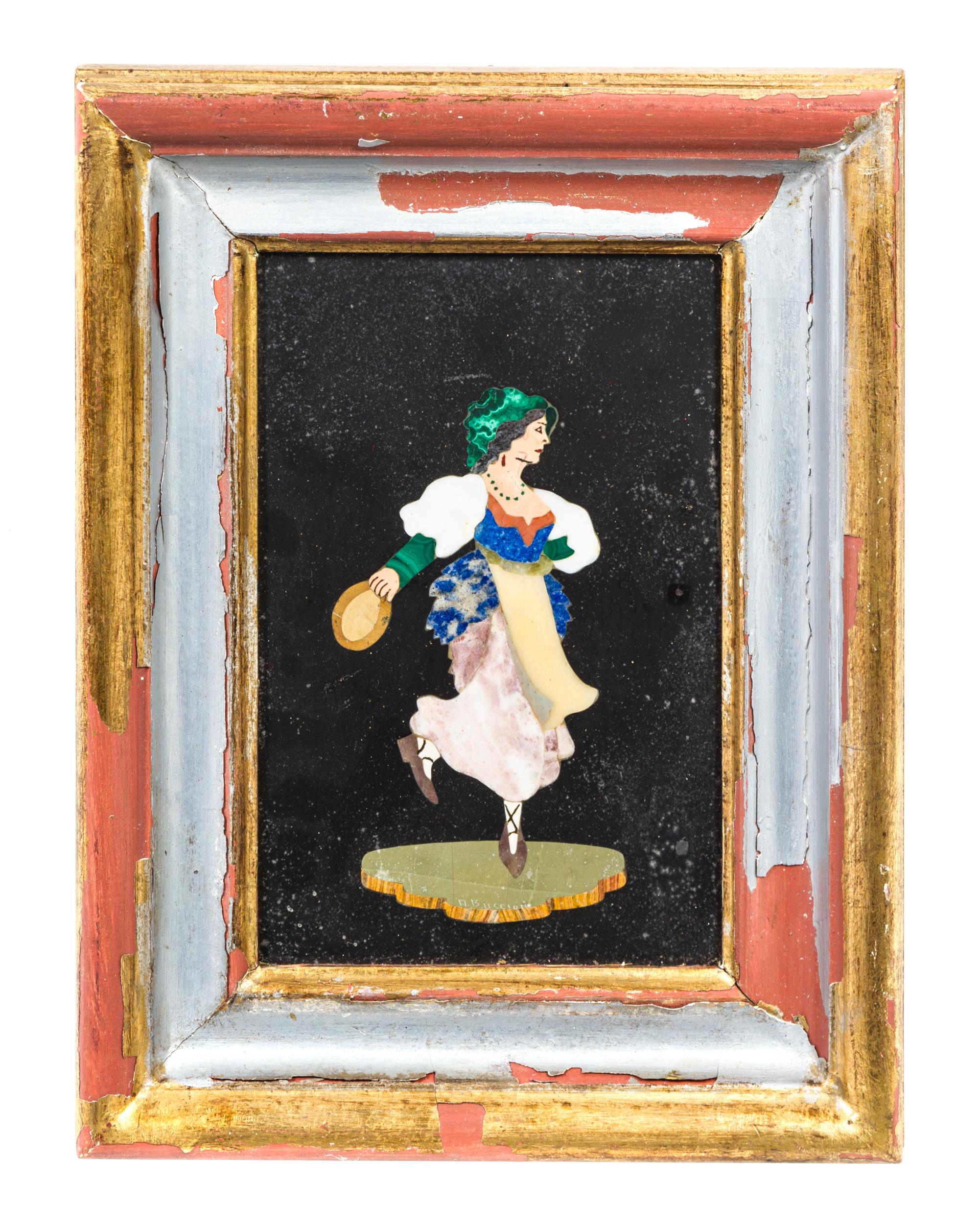 An Italian Pietra Dura Plaque Height 7 3/8 x width 4 3/4 inches.
