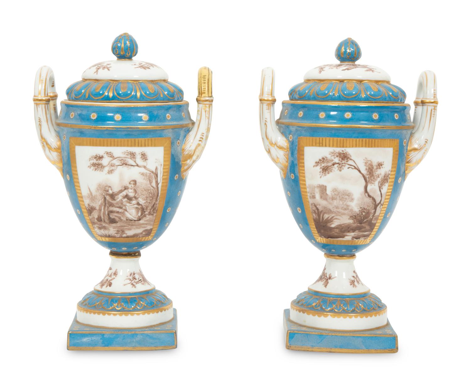 A Pair of S è vres Style Porcelain Covered Urns