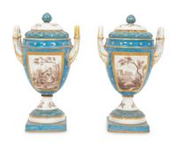 A Pair of S è vres Style Porcelain Covered Urns