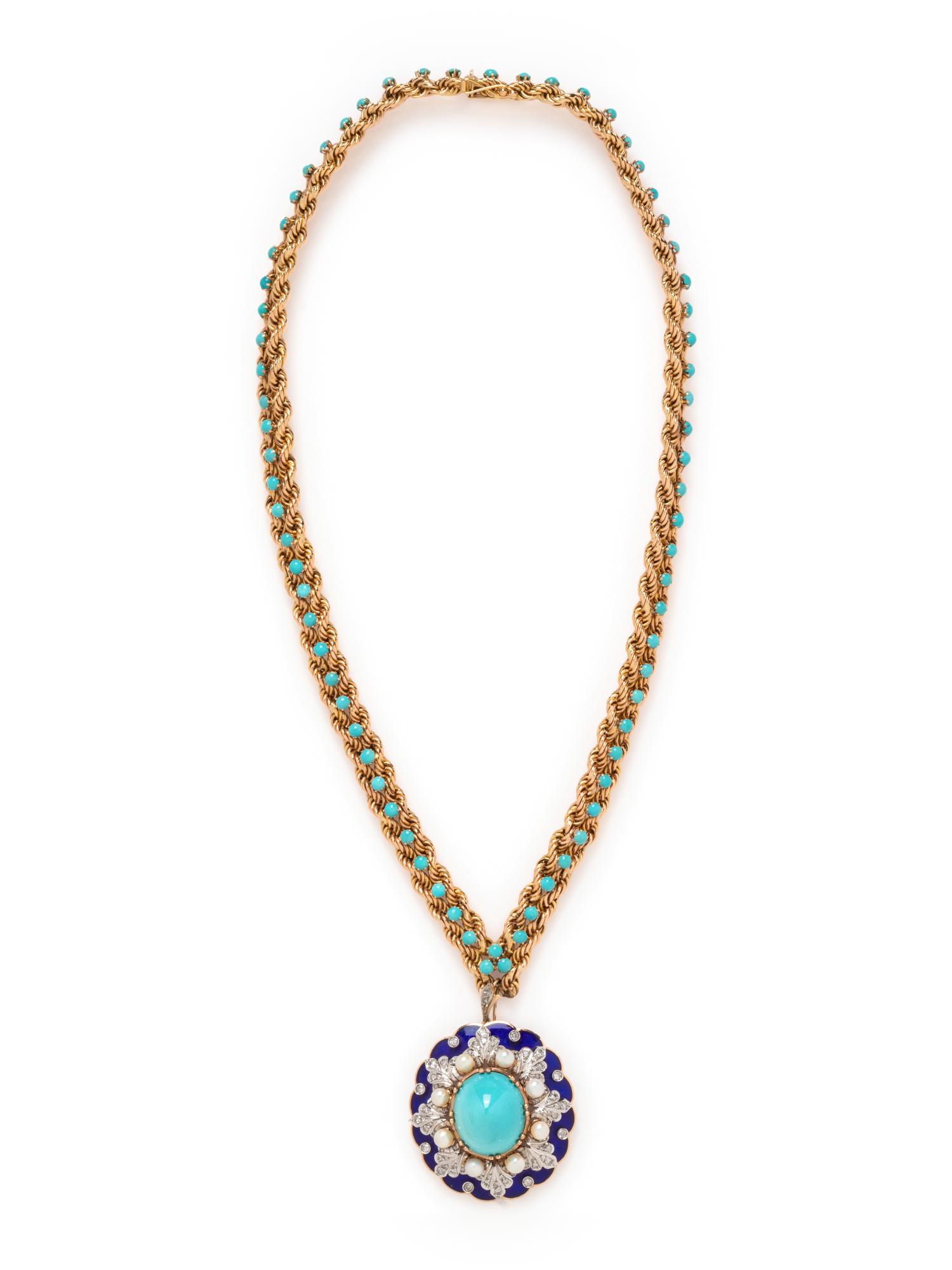 YELLOW GOLD, TURQUOISE, DIAMOND, CULTURED PEARL AND ENAMEL NECKLACE