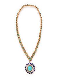 YELLOW GOLD, TURQUOISE, DIAMOND, CULTURED PEARL AND ENAMEL NECKLACE