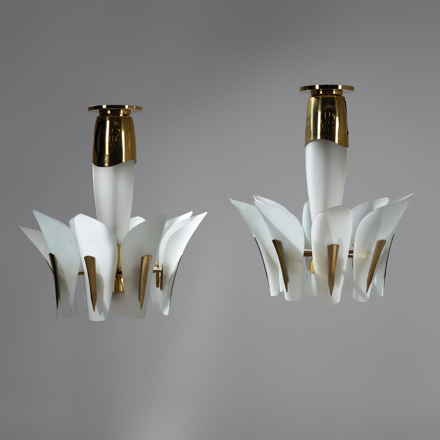 In the Style of Fontana Arte (Italian, Circa 1955) — Pair of Glass and Brass Chandeliers