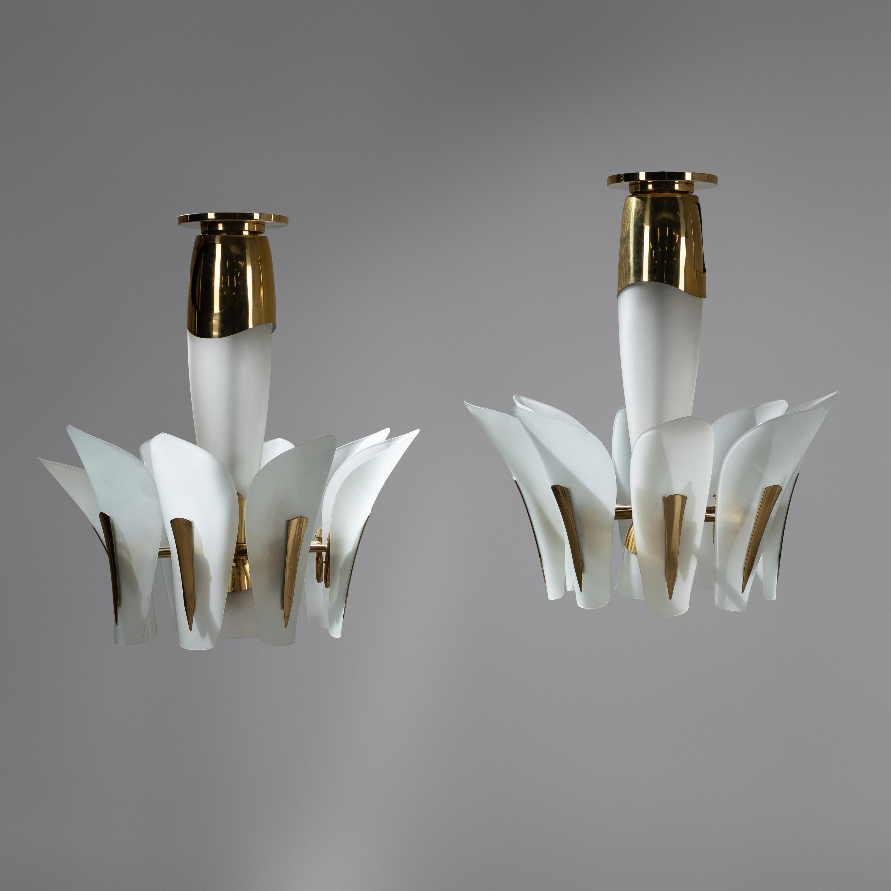 In the Style of Fontana Arte (Italian, Circa 1955) — Pair of Glass and Brass Chandeliers