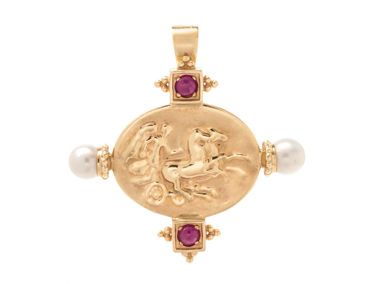 A 14 Karat Yellow Gold, Cultured Pearl and Ruby Pendant/Brooch, Italian,