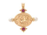 A 14 Karat Yellow Gold, Cultured Pearl and Ruby Pendant/Brooch, Italian,