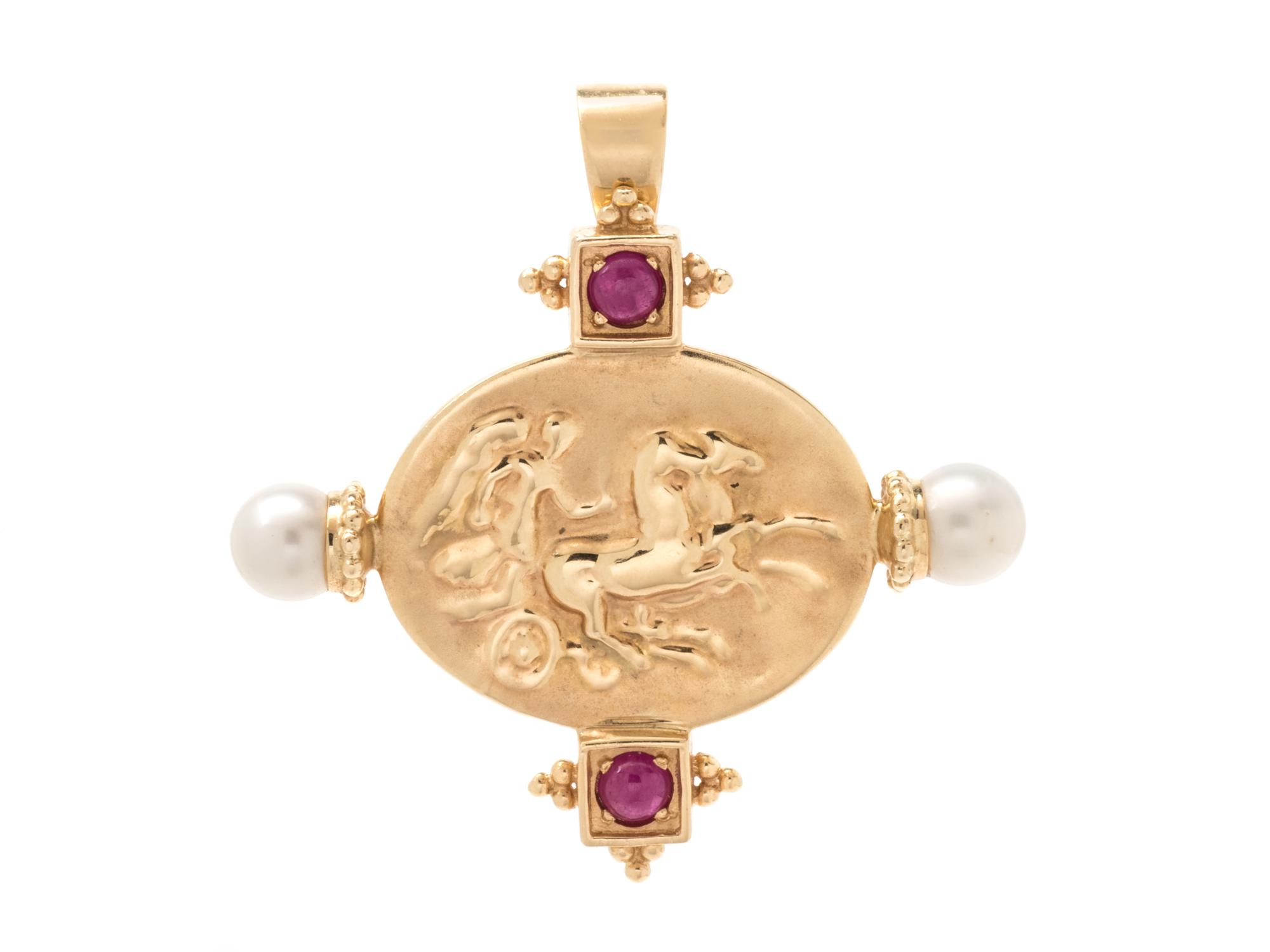 A 14 Karat Yellow Gold, Cultured Pearl and Ruby Pendant/Brooch, Italian,