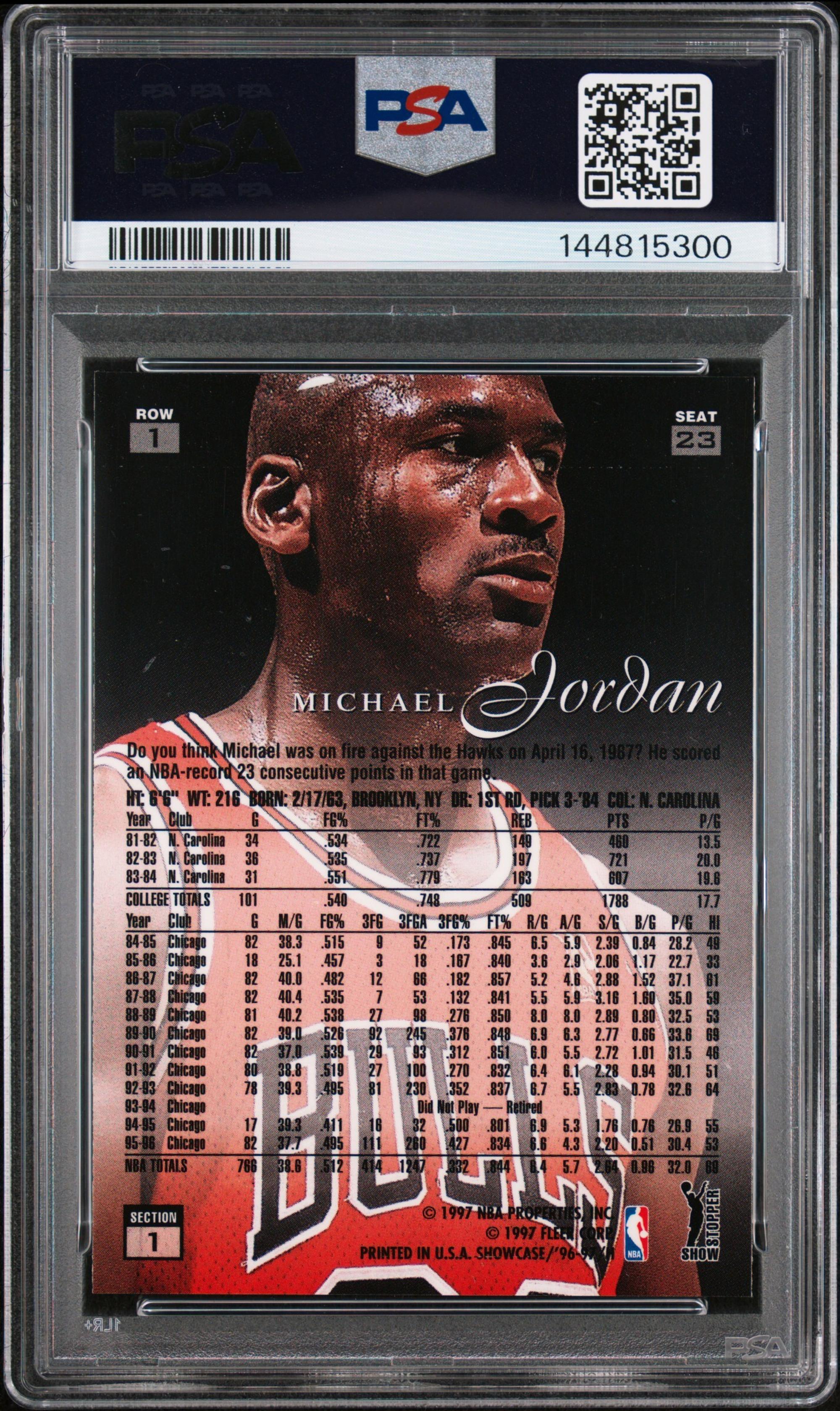 A 1996 Flair Showcase Michael Jordan Row 1 Basketball Card (PSA 7 NM)