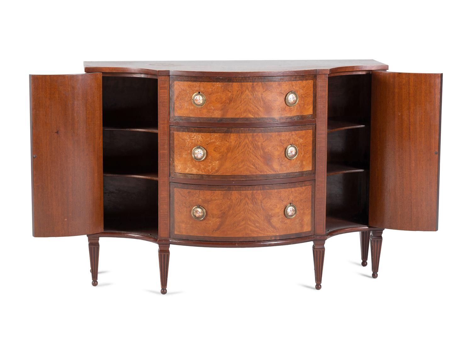 An English Mahogany, Satinwood and Porcelain-Mounted Console Cabinet