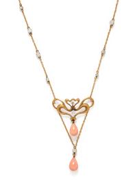 ANTIQUE, YELLOW GOLD, CORAL, DIAMOND AND SEED PEARL NECKLACE