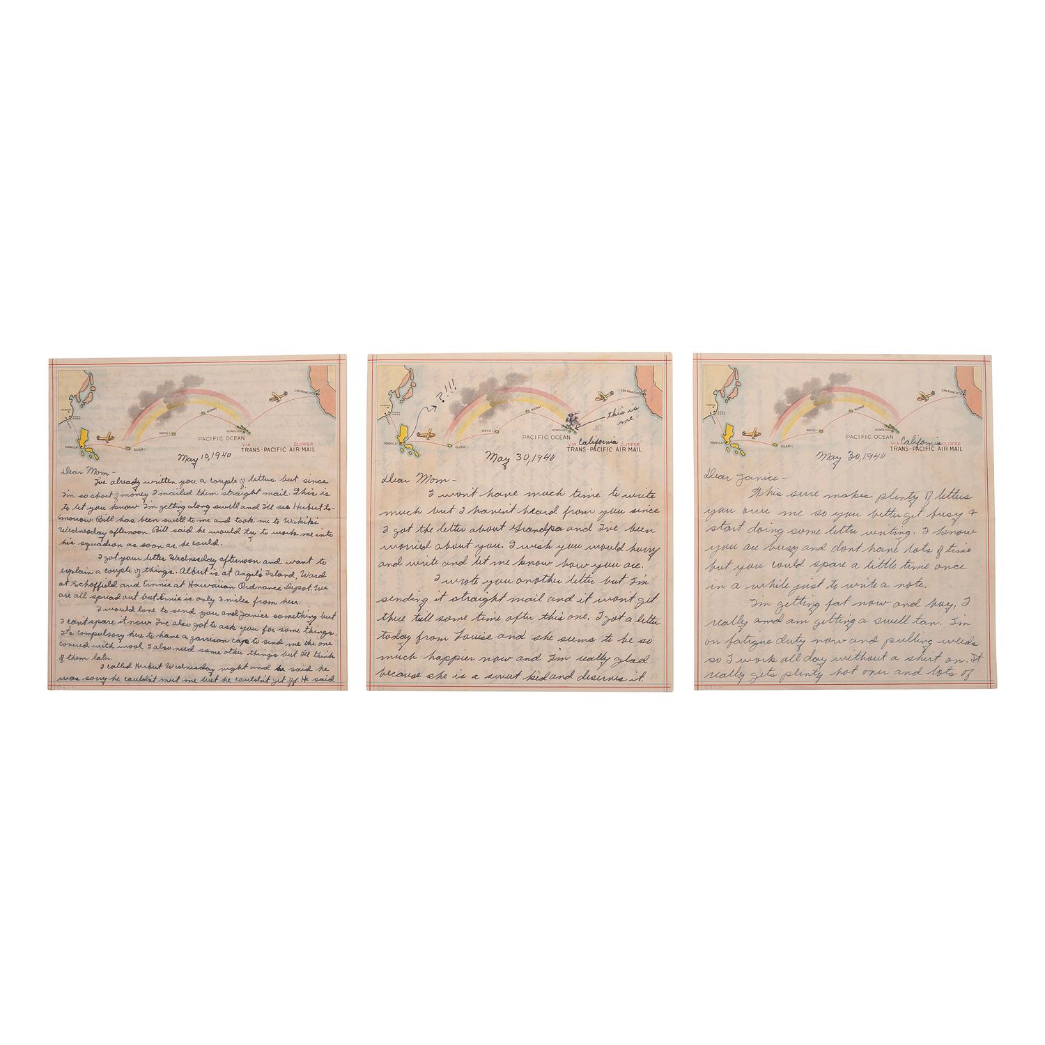 [AVIATION] - [WORLD WAR II]. A group of 9 soldiers' letters including Trans-Pacific Air Mail sent via the Pan American Airways California Clipper , comprising: