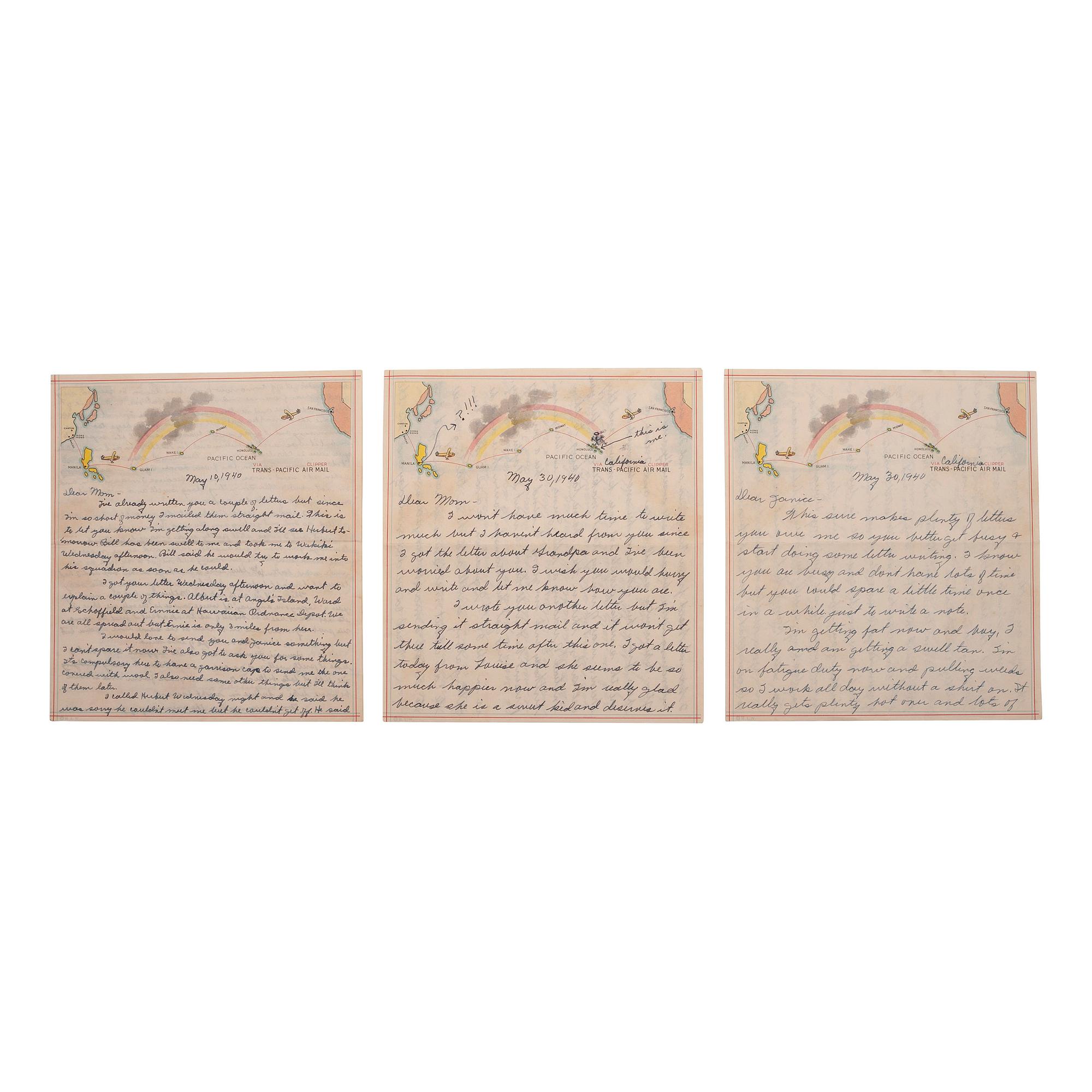 [AVIATION] - [WORLD WAR II]. A group of 9 soldiers' letters including Trans-Pacific Air Mail sent via the Pan American Airways California Clipper , comprising: