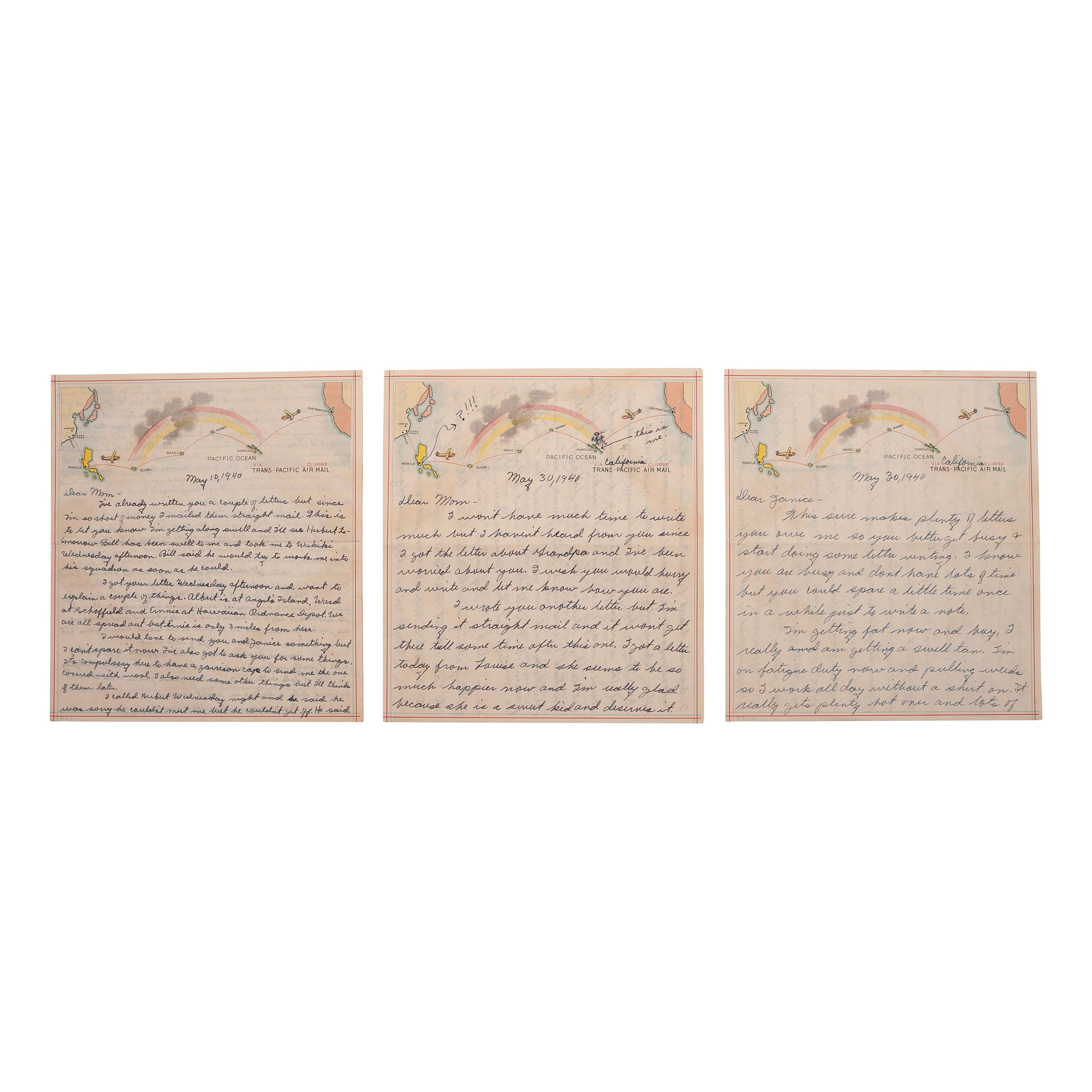[AVIATION] - [WORLD WAR II]. A group of 9 soldiers' letters including Trans-Pacific Air Mail sent via the Pan American Airways California Clipper , comprising:
