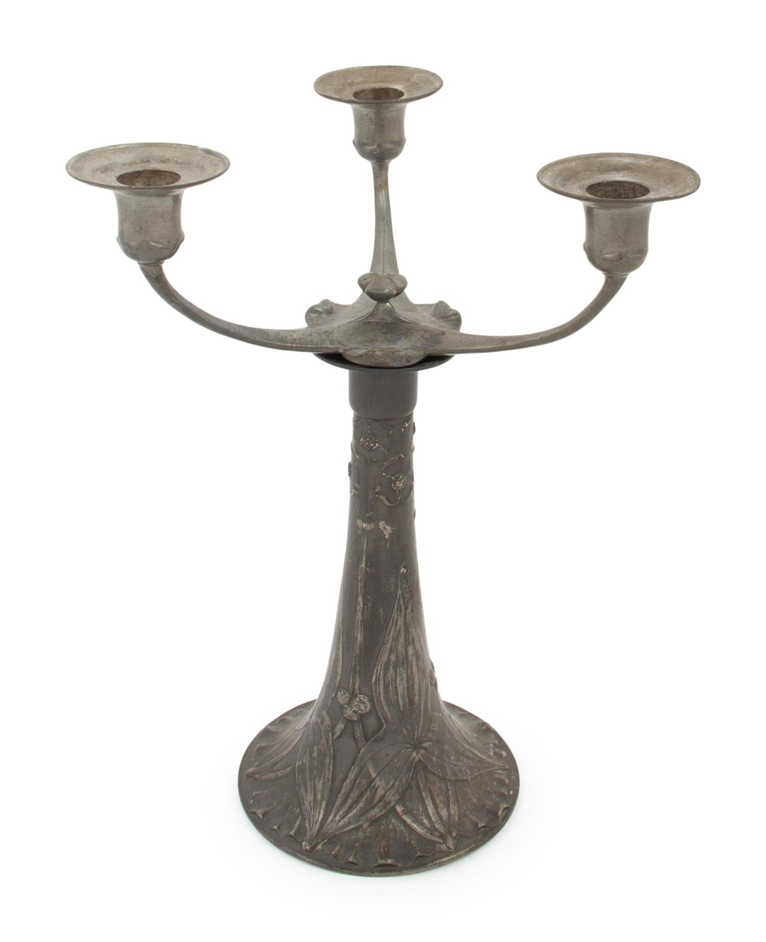 A Kayserzinn Jugenstil Pewter Three-Light Candelabrum