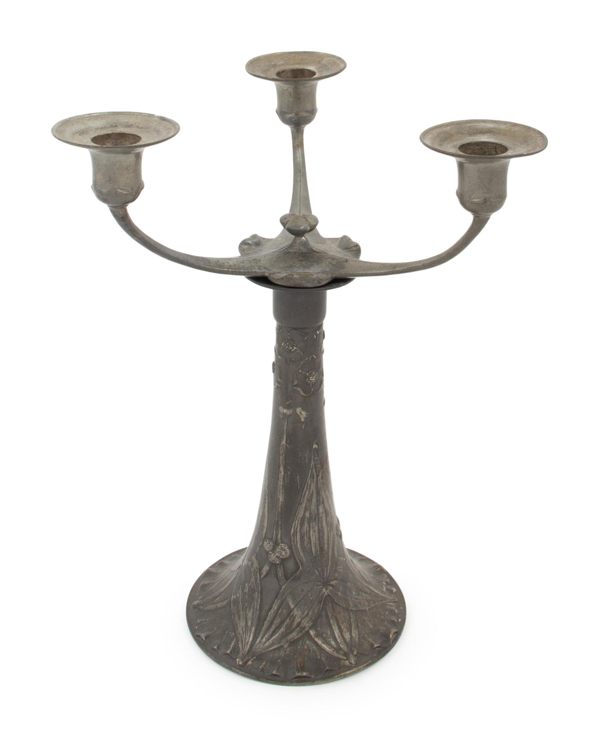 A Kayserzinn Jugenstil Pewter Three-Light Candelabrum