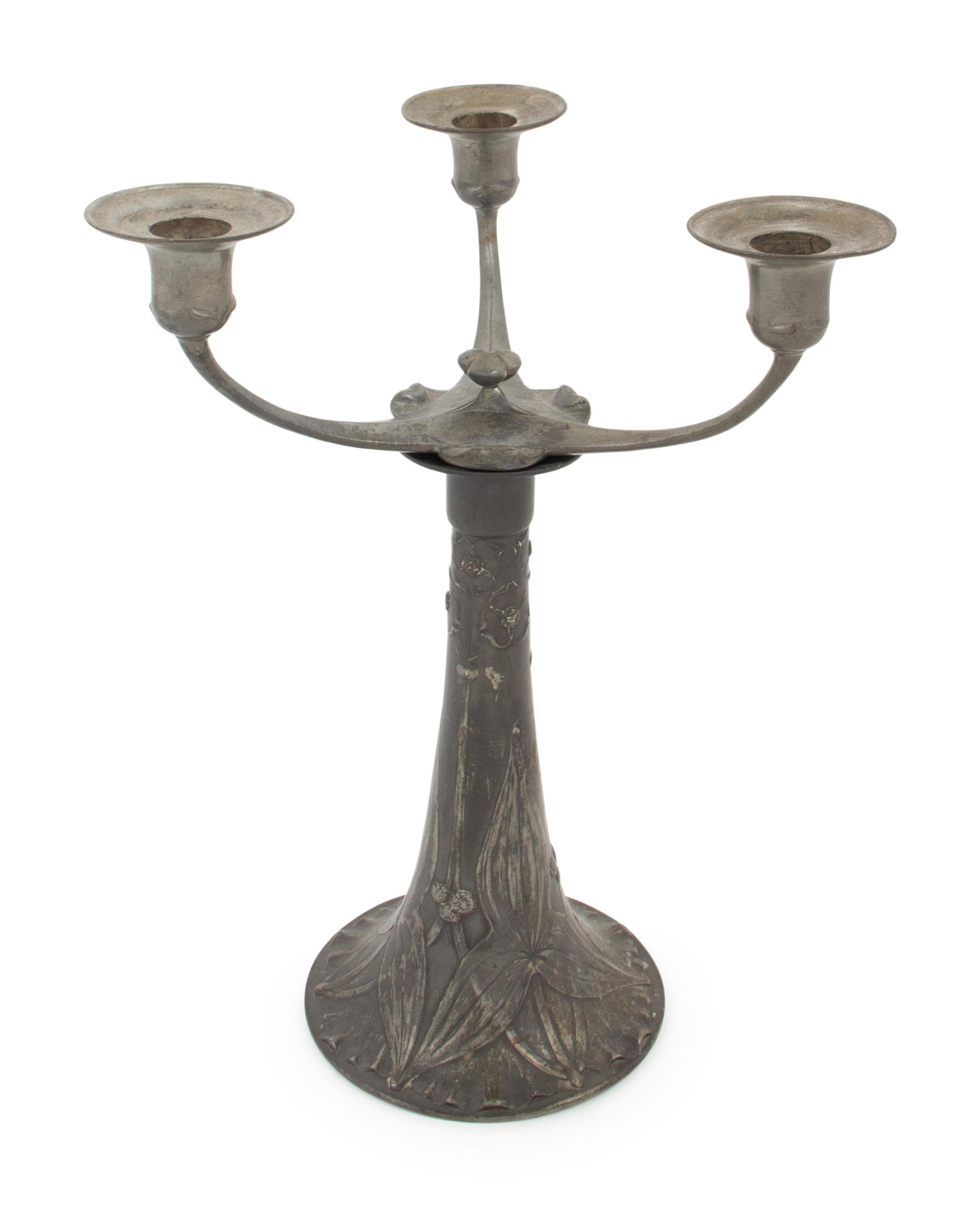 A Kayserzinn Jugenstil Pewter Three-Light Candelabrum
