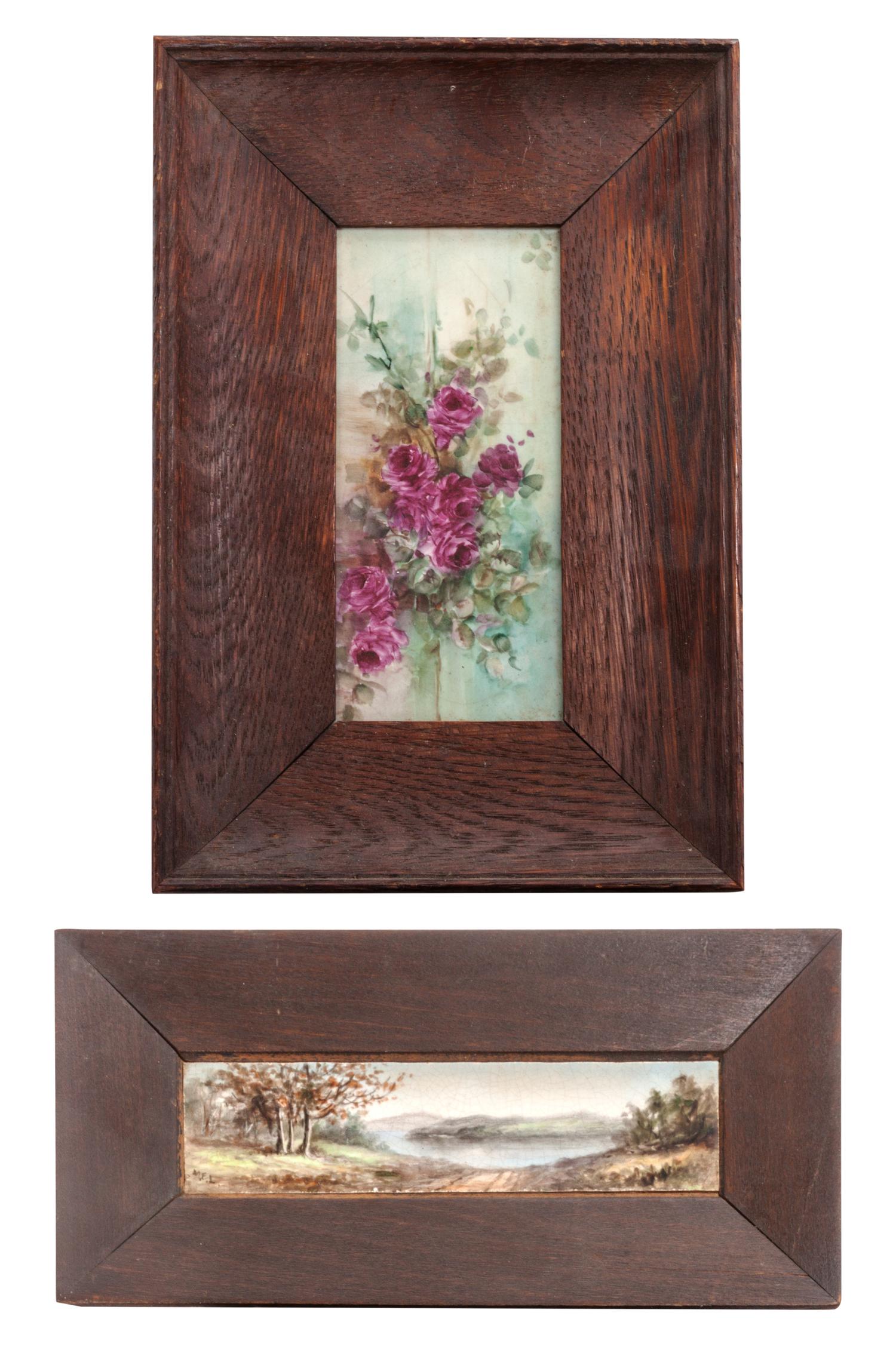 Two Painted Tiles Width overall of wider 9 1/2 inches.