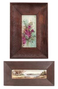 Two Painted Tiles Width overall of wider 9 1/2 inches.