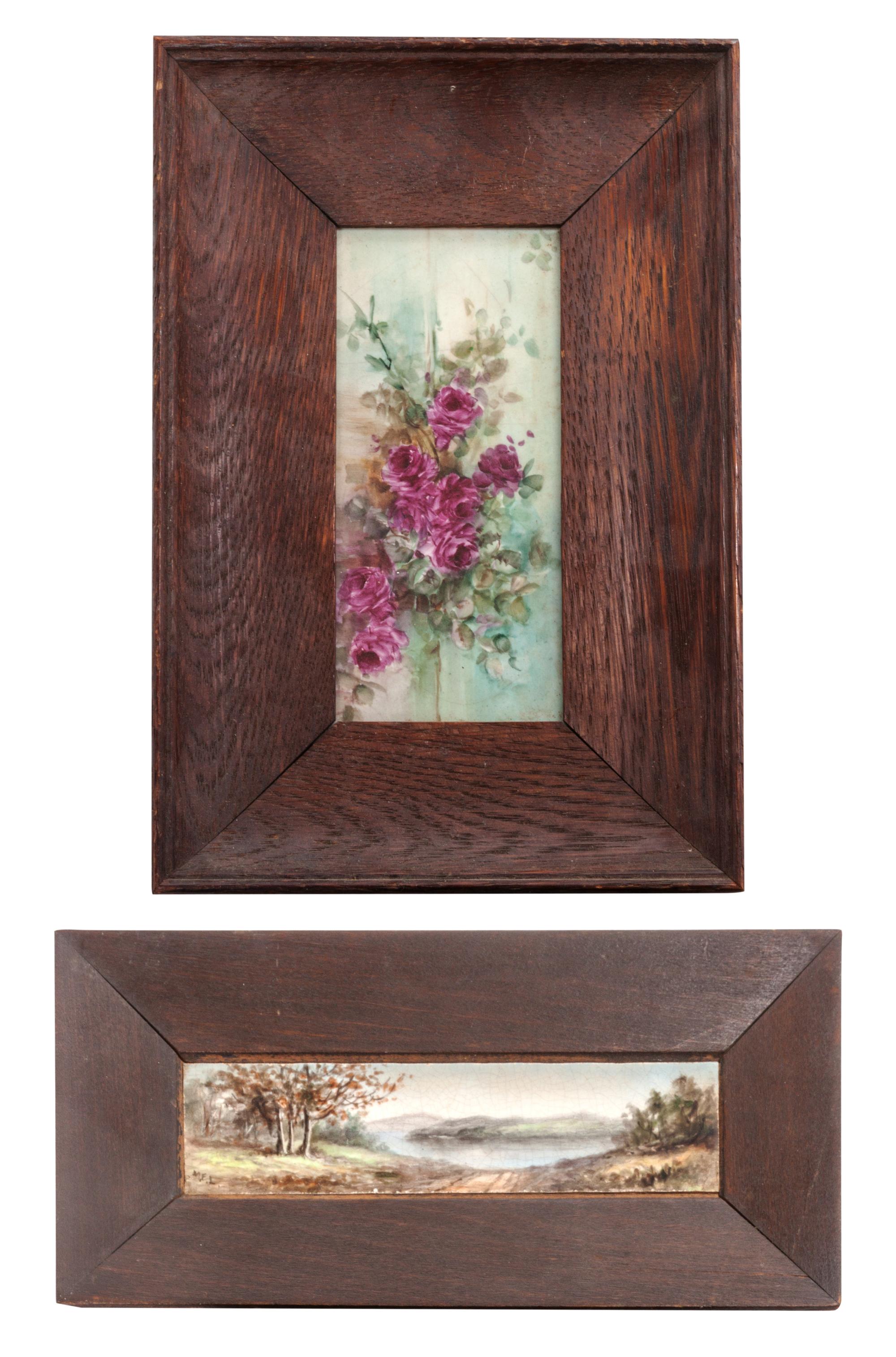 Two Painted Tiles Width overall of wider 9 1/2 inches.