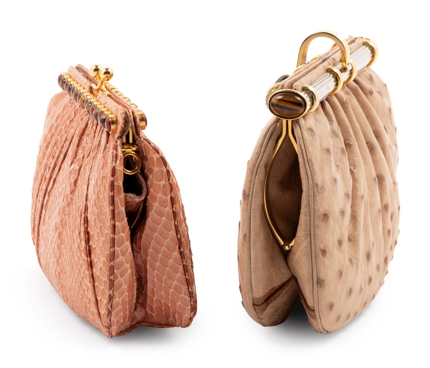 Two Judith Leiber Pouch Fame Bags; One Ostrich, One Snakeskin