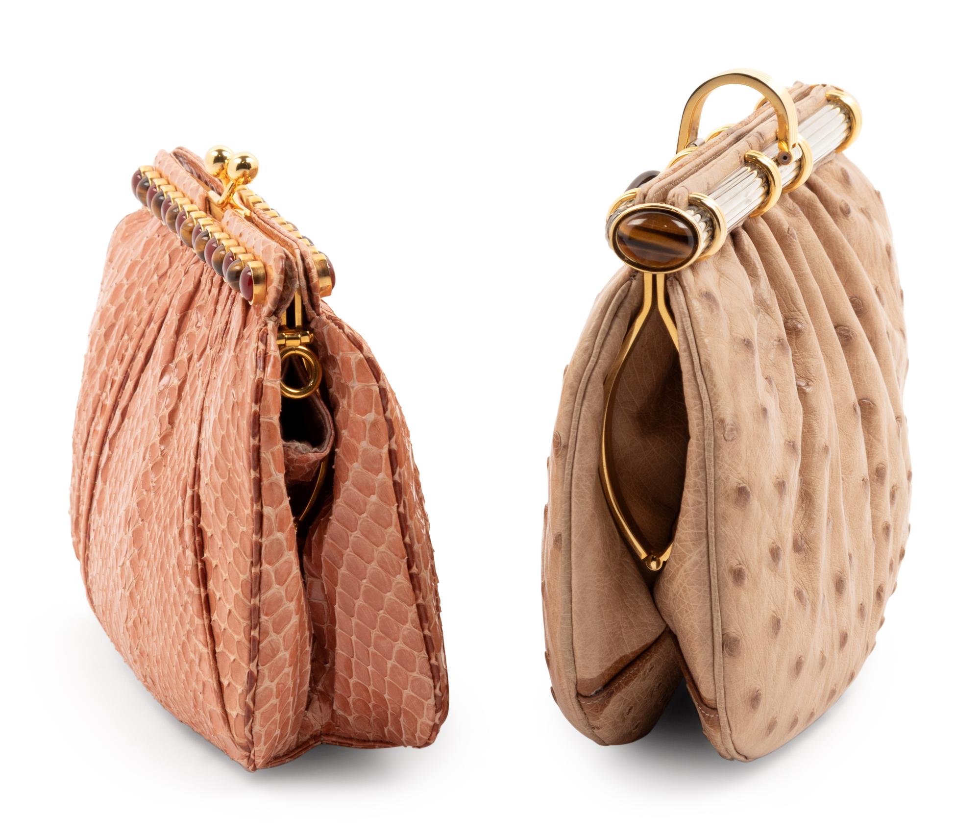 Two Judith Leiber Pouch Fame Bags; One Ostrich, One Snakeskin