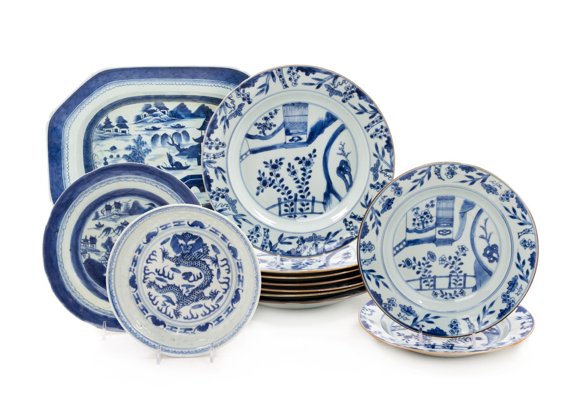 Twelve Blue and White Porcelain Plates Length of largest 13 1/2 inches. — QING DYNASTY (1644-1912)