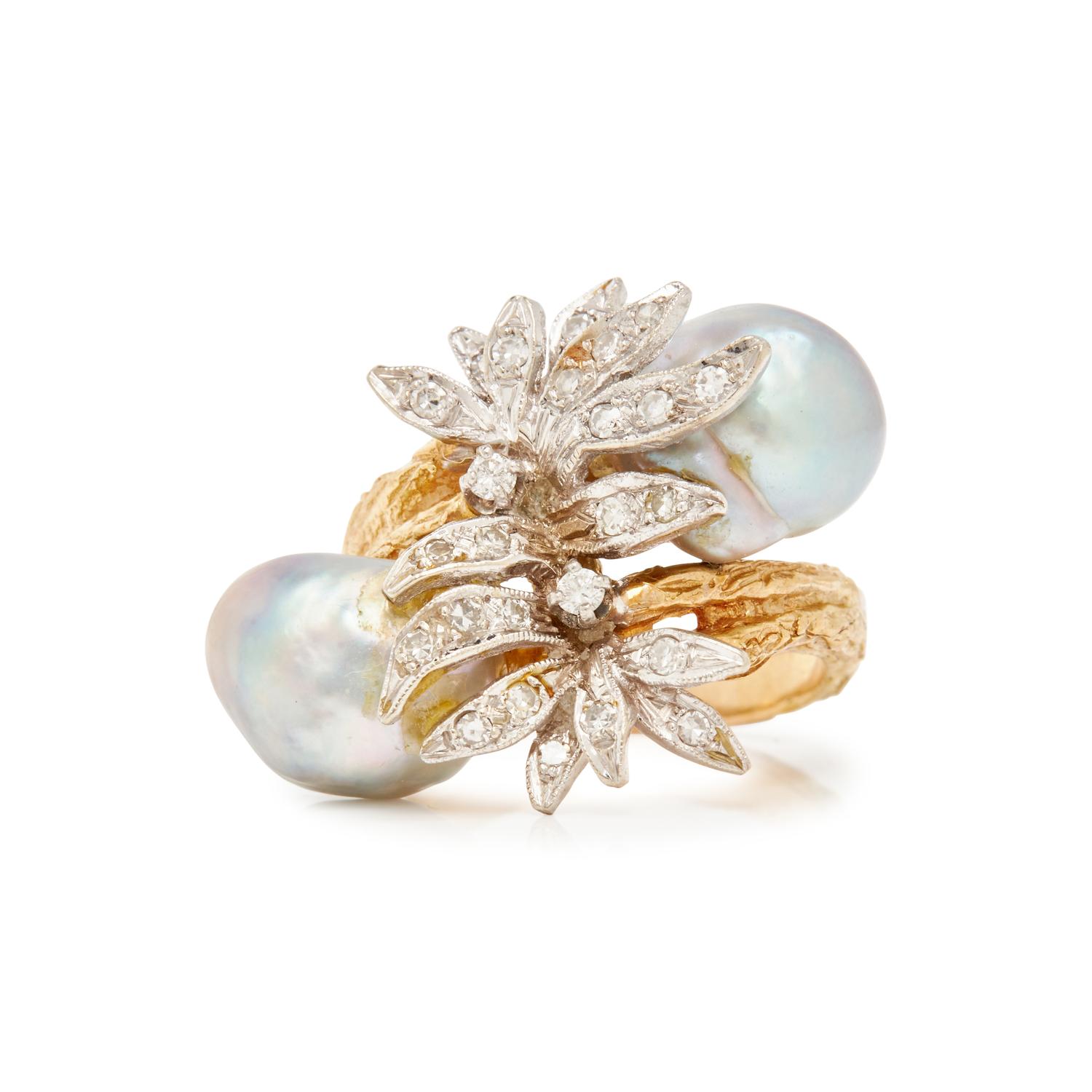 DIAMOND AND CULTURED BAROQUE PEARL BYPASS RING