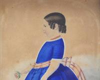 English School 19th Century, A Portrait Miniature of a Young Girl in Blue Dress Identified as Christiana Taylor
