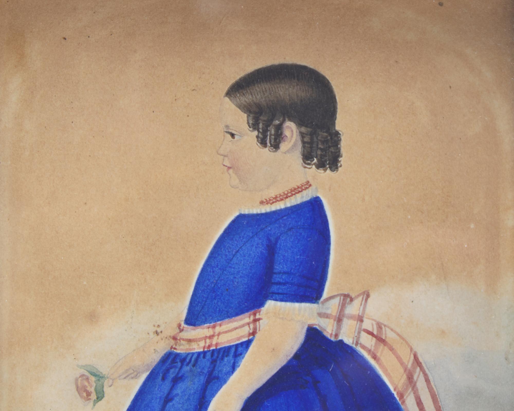 English School 19th Century, A Portrait Miniature of a Young Girl in Blue Dress Identified as Christiana Taylor