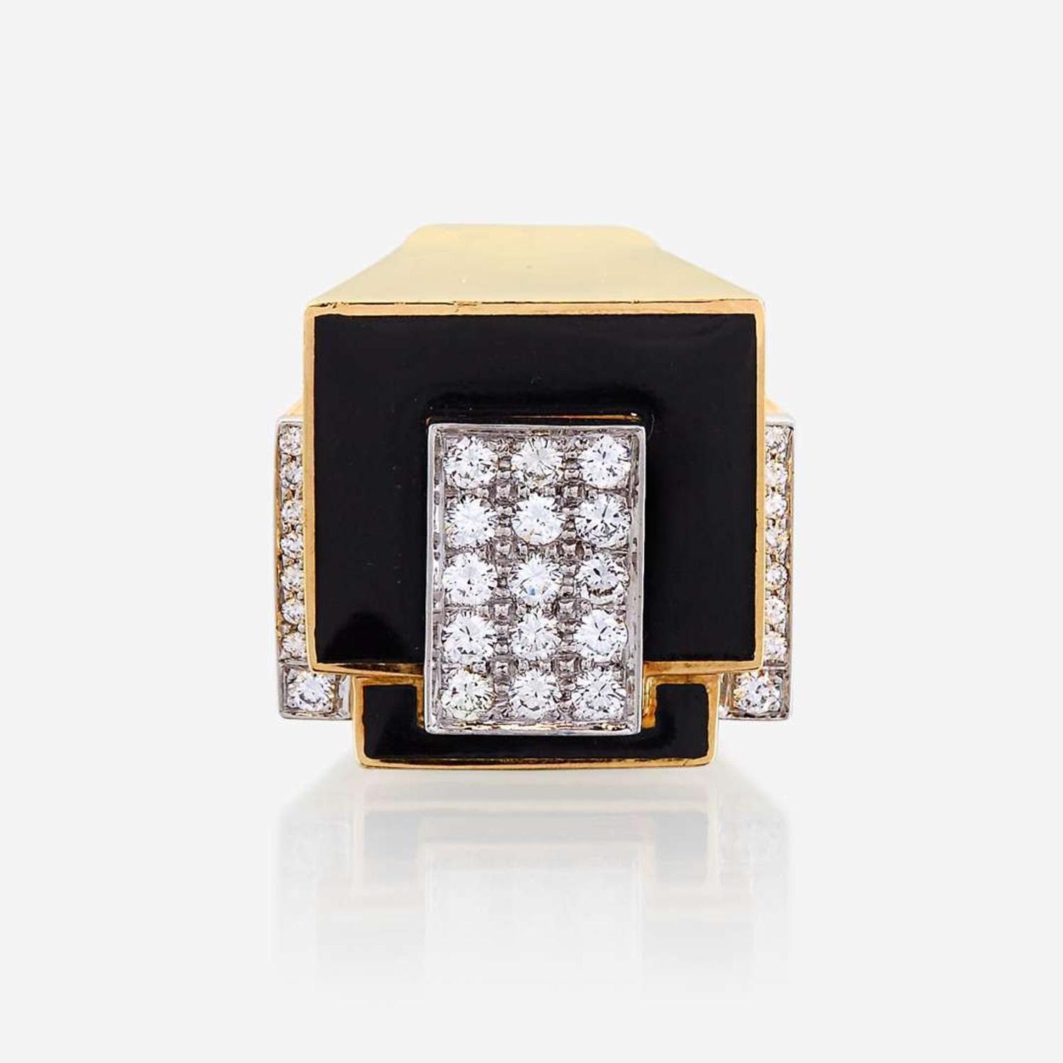 An eighteen karat gold, platinum, enamel, and diamond ring, David Webb