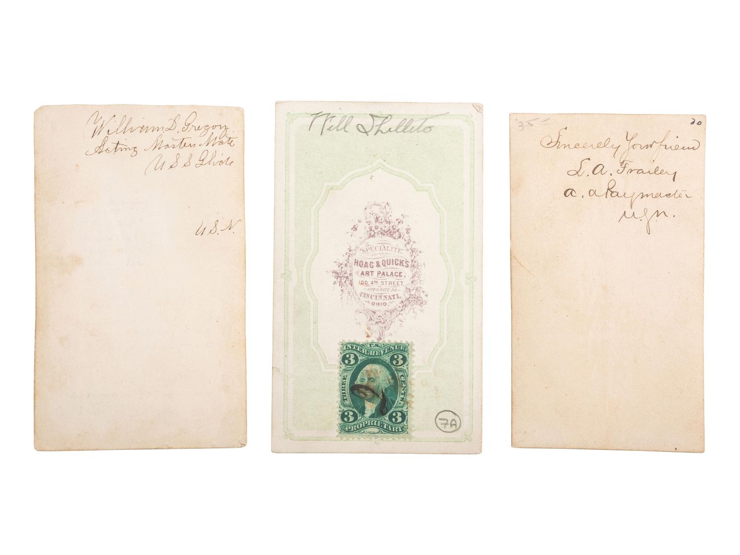 [CIVIL WAR]. A group of 3 CDVs of Identified Brown Water Navy officers, incl. L.A. Frailey, William D. Gregory, and Will Shillito.