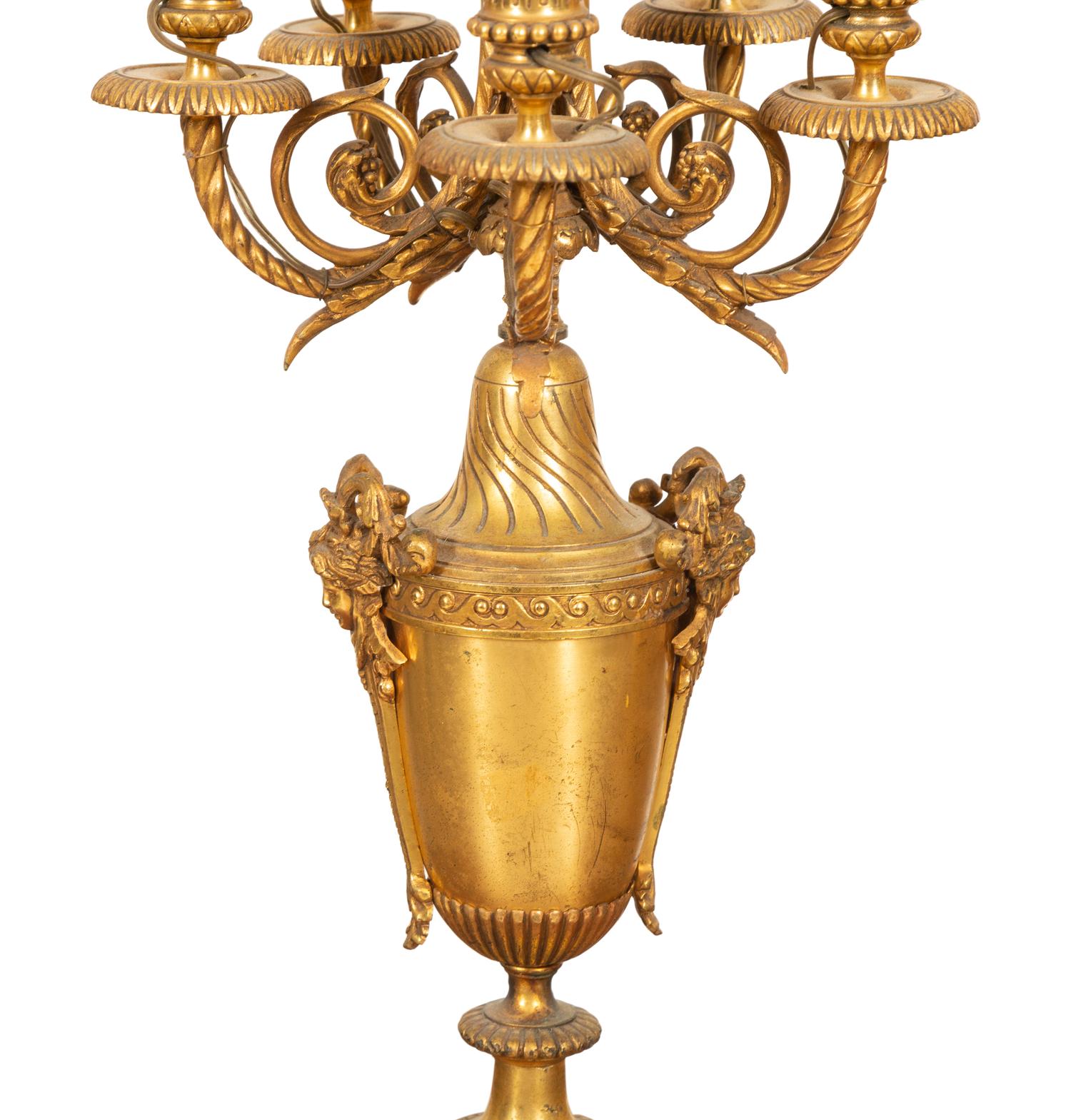 A Pair of Empire Style Six-Light Bronze Urn-form Candelabra