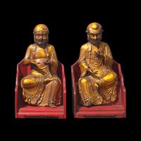 A Pair of Chinese Gilt Lacquered Wood Luohan Figures 木漆金羅漢兩尊