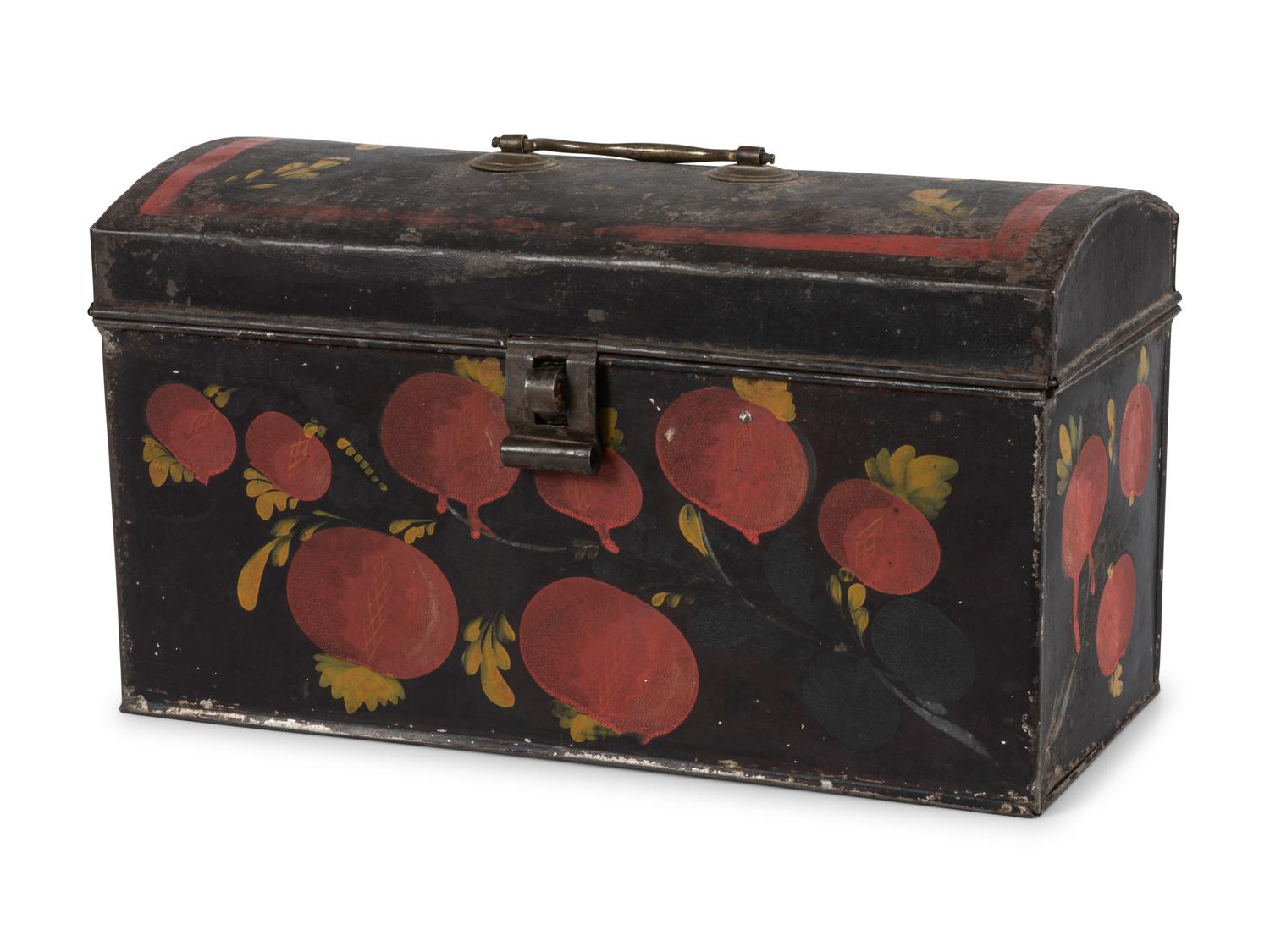 A Toleware Pomegranate or Cherry Paint Decorated Dome-Top Box