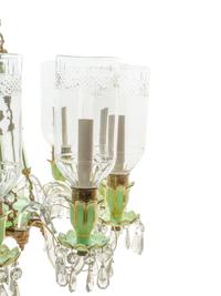 A French Opaline Glass and Gilt Bronze Twelve-Light Chandelier with Cut Glass Hurricane Shades