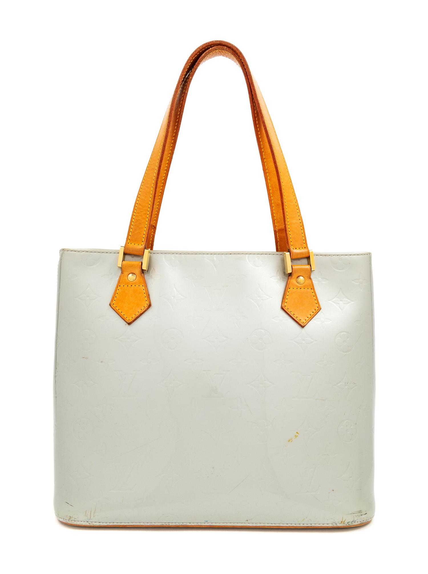 A Louis Vuitton Silver Vernis Houston Tote Bag, 10" H x 11.5" W x 5" D; Strap drop: 7".