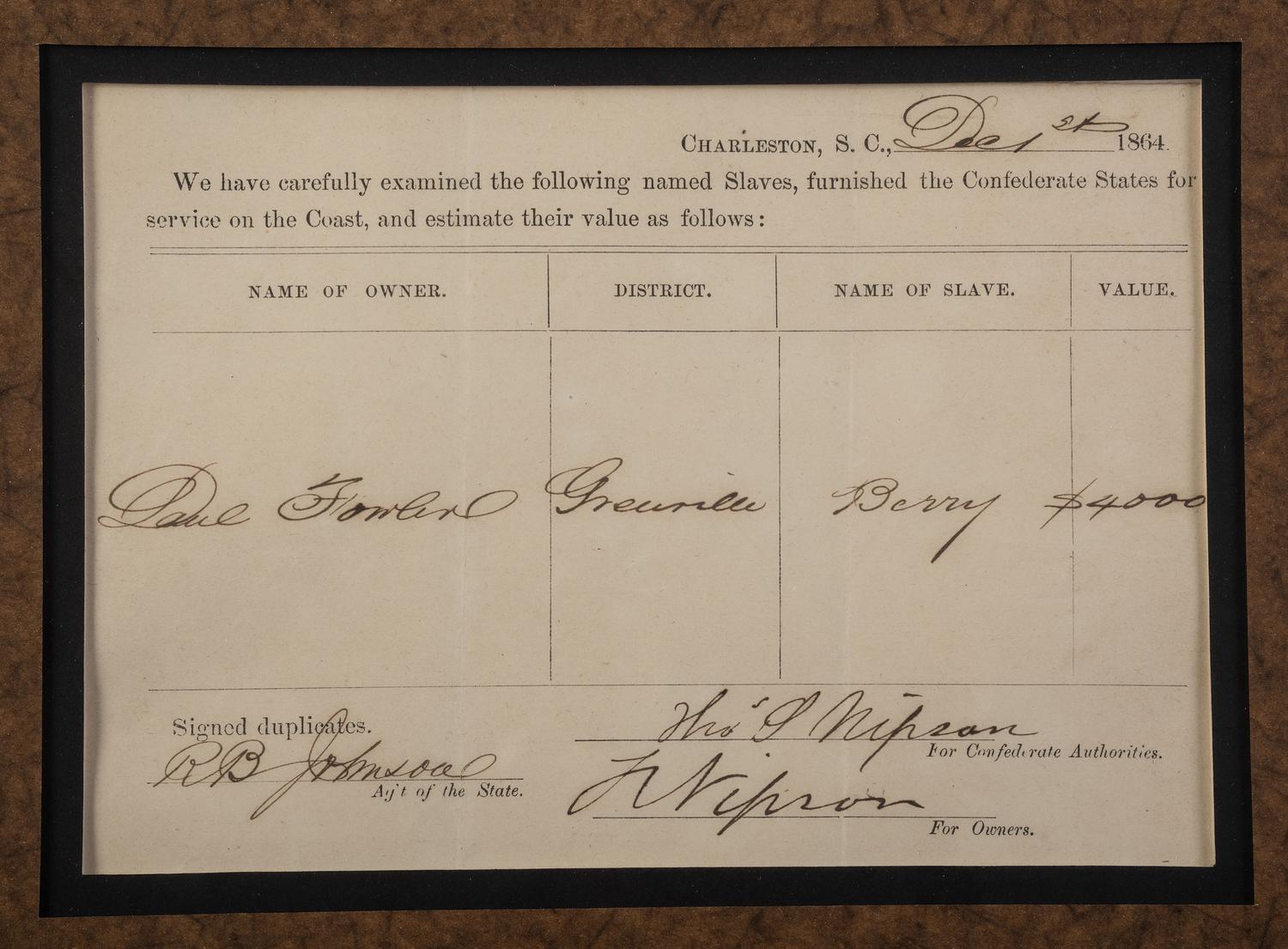 [ENSLAVEMENT & ABOLITION - CIVIL WAR]. Partly printed appraisal for lease of enslaved man issued by the Confederate States. Charleston, SC, 1 December 1864.