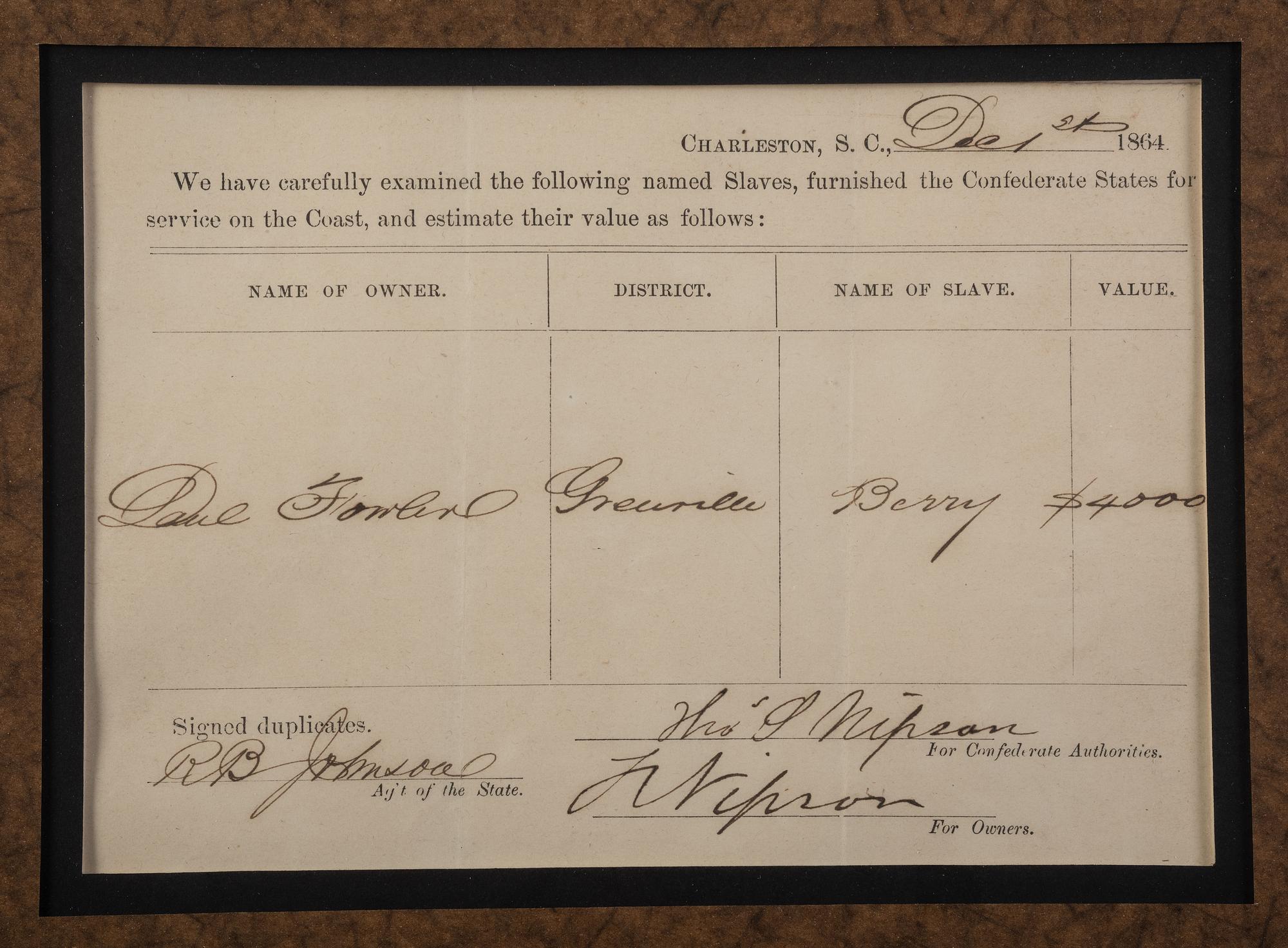 [ENSLAVEMENT & ABOLITION - CIVIL WAR]. Partly printed appraisal for lease of enslaved man issued by the Confederate States. Charleston, SC, 1 December 1864.